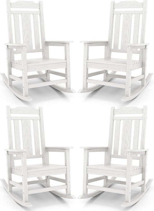 SERWALL Outdoor Rocking Chair White Set of 4, All Weather Patio Rocking Chair, HDPE Poly Rocking Chair for Adults, Heavy Duty Front Porch Rocker