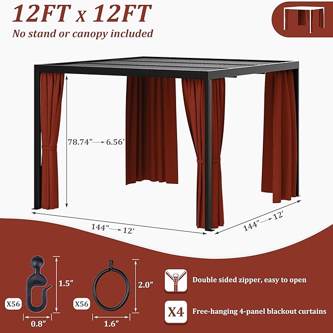 Gazebo Universal Replacement Privacy Curtain,12'×12' Gazebo Outdoor Waterproof Curtains, 4-Panels Sidewall Curtains with Double Zipper for Patio Canopy, Garden and Backyard (Curtain Only)