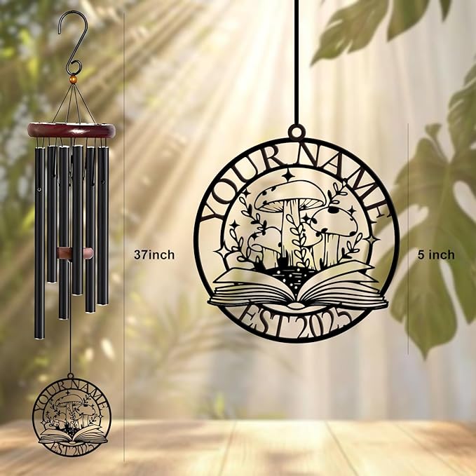 Personalized Customize Name Fantasy Mushroom Wonderland Wind Chime, Metal Iron 37 Inch Outdoor Memorial Gift for Garden Yard Patio Home Decor, Black (Style C)