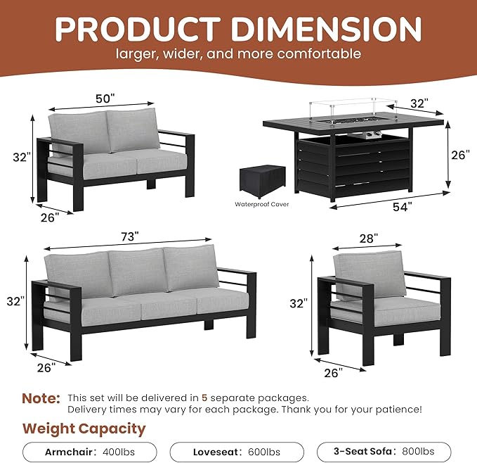 Solaste Aluminum Patio Furniture Set with Fire Pit Table, 5 Piece Metal Outdoor Furniture with Water-Resistant Cushions, Modern Patio Conversation Set for Balcony, Front Porch, and Backyard, Black