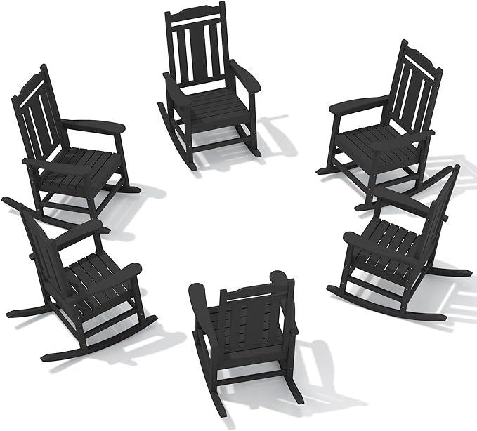 SERWALL Outdoor Rocking Chair Set of 6, Patio Rocking Chair Sets, HDPE Rocking Chair for Adults, Black