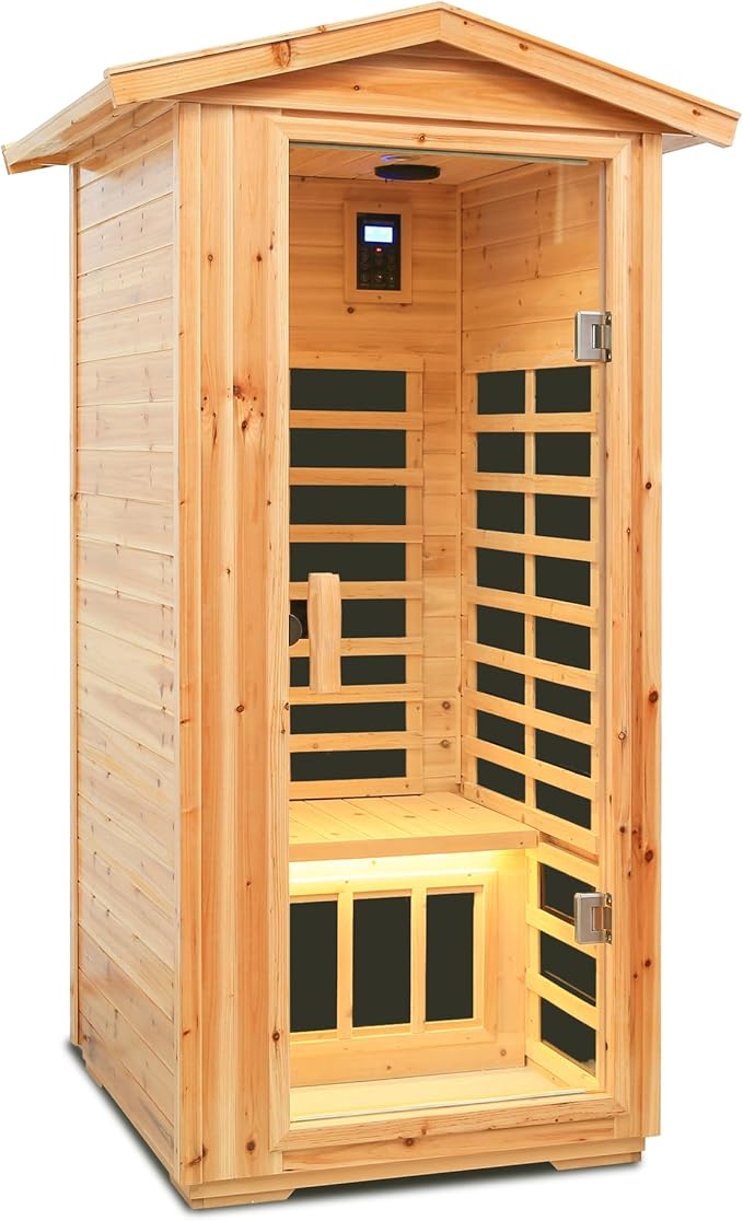 Luxury Outdoor Sauna, 1 Person Old Fir Wood Low EMF Far Infrared Sauna 1560W, Home Sauna with LCD Control Panel, Chromotherapy Light, Reading Light, Bluetooth Speaker