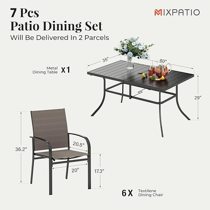 Outdoor Patio Dining Set 7 Piece Furniture Set with Metal Patio Dining Table with Umbrella Hole Table for Deck Garden Backyard Lawn Poolside