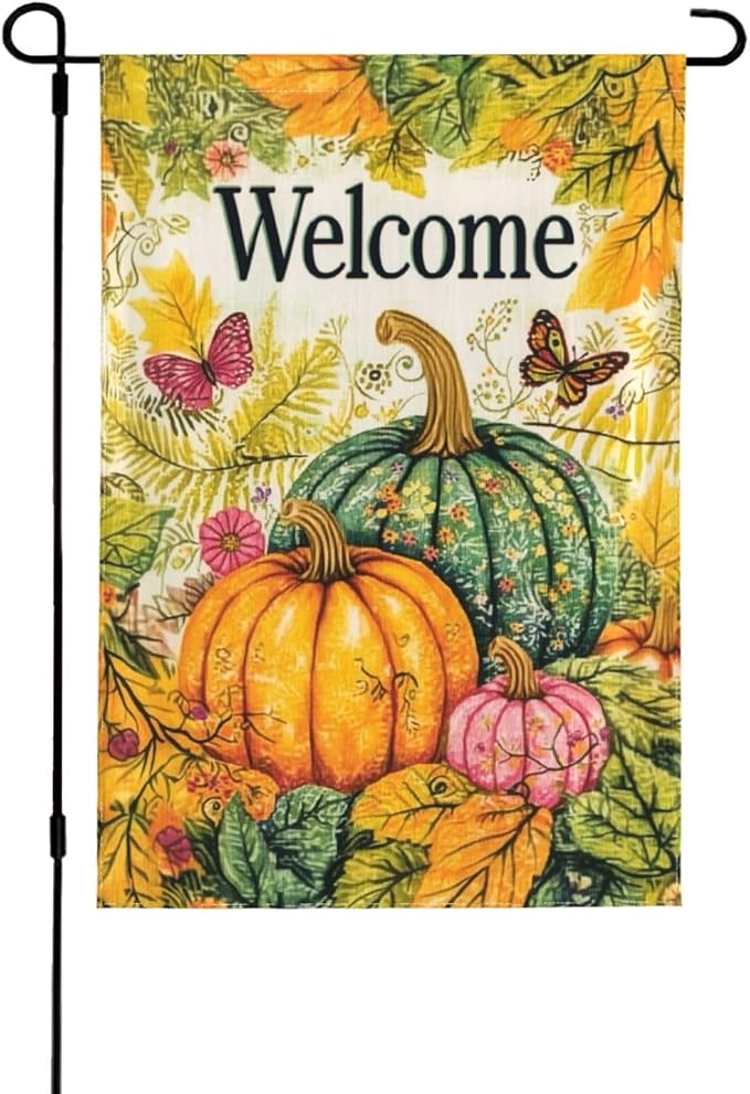 Welcome Fall Pumpkin Garden Flag Vertical Double Sided Outdoor Yard Flags 12.5x18 Inch Burlap Banners for House Lawn