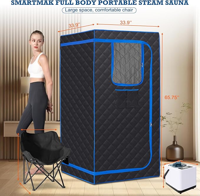 Smartmak Portable Steam Sauna, Full Body Sauna Tent for Home, 1 Person Steam Sauna Box with 660nm Red Light Therapy, 3L&1100W Sauna Steamer, Folding Chair