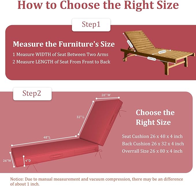 80 x 26in Chaise Lounge Cushions Outdoor Furniture Set of 2 Patio Pool Lounge Chair Cushions 4'' Waterproof Outdoor Double Weather Resistant Detachable Chaise Cushion(Burgundy)