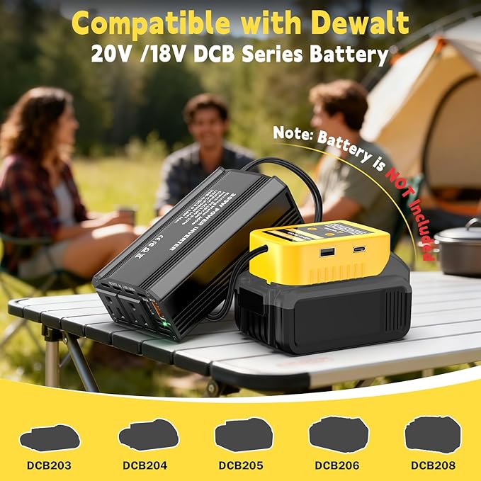 300W Power Inverter Compatible with Dewalt 20V Battery, DC 20V to AC 110V Portable Power Station Generator with 2 AC Outlets & 1 Type-C PD 65W & 1 Type-C PD 20W & 2 USB A 18W Max for Emergency Power