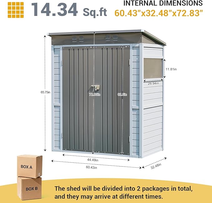 Galvanized Steel Frame & Solid Cedar Wood Wall Shed | 3x5ft Outdoor Storage Shed with Lockable Double Doors & Ventilation Windows for Garden, Lawn, Patio
