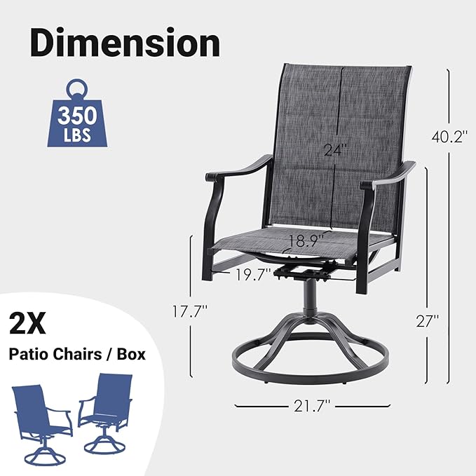 Soohow Patio Dining Chairs Set of 2, Swivel Outdoor Patio Chair with Paded Textilene Fabric, All Weather Outdoor Seats Ergonomic Comfort, Perfect Seats for Backyard, Balcony, and Garden