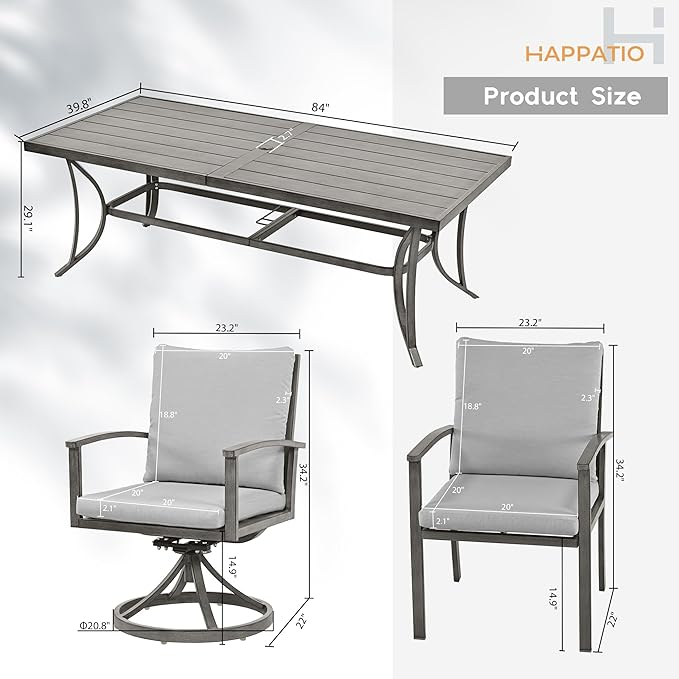 HAPPATIO 9-Piece Patio Outdoor Dining Set - All Aluminum Patio Table and Chairs Set for 8 Includes 1 Rectangular Dining Table, 6 Dining Chairs, and 2 Swivel Chairs with Cushions for Lawn, Deck