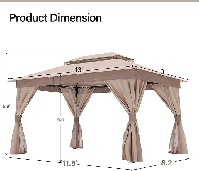 LAUSAINT HOME Outdoor Patio Gazebo 10'x13' with Expansion Bolts, Heavy Duty Gazebos Party Tent Shelter with Double Roofs, Mosquito Nets and Privacy Screens for Backyard, Garden, Lawn, Khaki