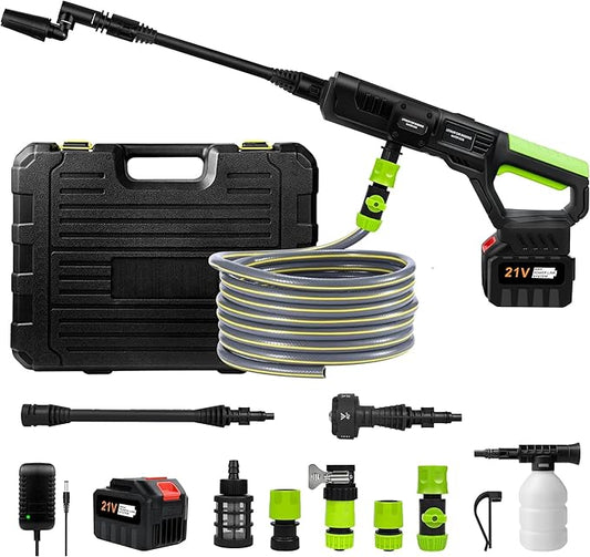 1200PSI Cordless Electric Pressure Washer Pro (21V 2000mAh 2 Batteries), 16.4FT Drain Hose, 6-in-1 Nozzle, Pressure Washer Gun for Cars Fences Driveways Patios Home Cleaning