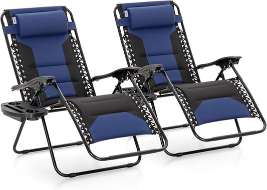 MAISON ARTS Oversized Padded Zero Gravity Chairs Set of 2, Folding Patio Lounge Chair, 28" Wide Seat Anti Gravity Recliners for Lawn Outdoor Camping Poolside Yard, Support 400lbs, Blue & Black