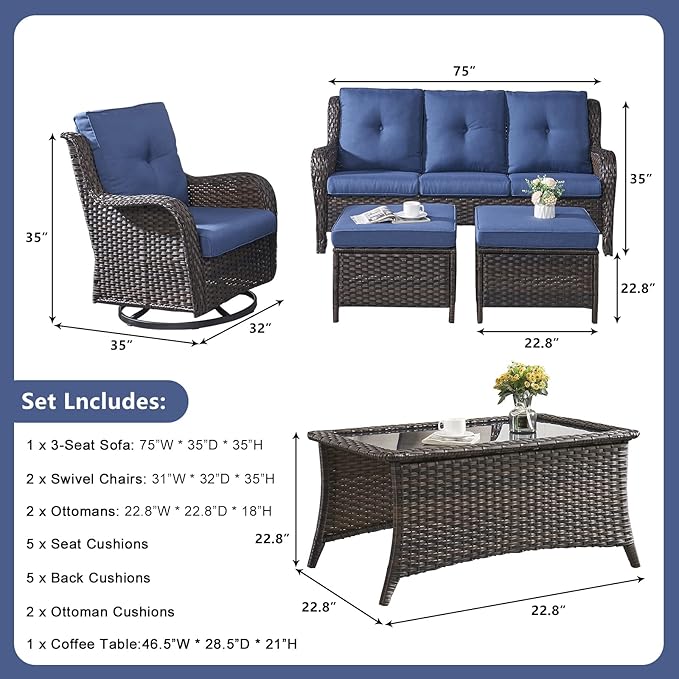 Rilyson 6 Piece Outdoor Patio Furniture Set - Rattan Wicker Patio Conversation Sets with 2 Swivel Rocker Chairs,2 Ottomans,1 Sofa and 1 Coffee Table for Outside Porch Deck Backyard(Brown/Blue)