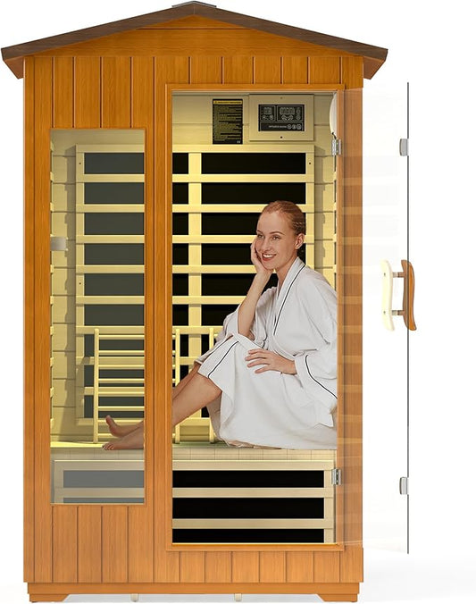 Outdoor Sauna 2 Person, Infrared Sauna for Home, Wooden Dry Saunas Room with Far Low EMF Lighting, Bluetooth Speakers, 7 Colors Chromotherapy for Outdoor Home Spa