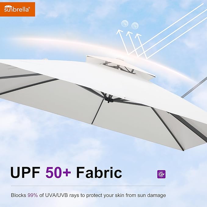 PURPLE LEAF 12 Feet Sunbrella Cantilever Umbrella Outdoor Square Double Top Large Offset Hanging 360° Rotation Heavy Duty Umbrella for Garden Patio Deck Pool Backyard Canvas Natural