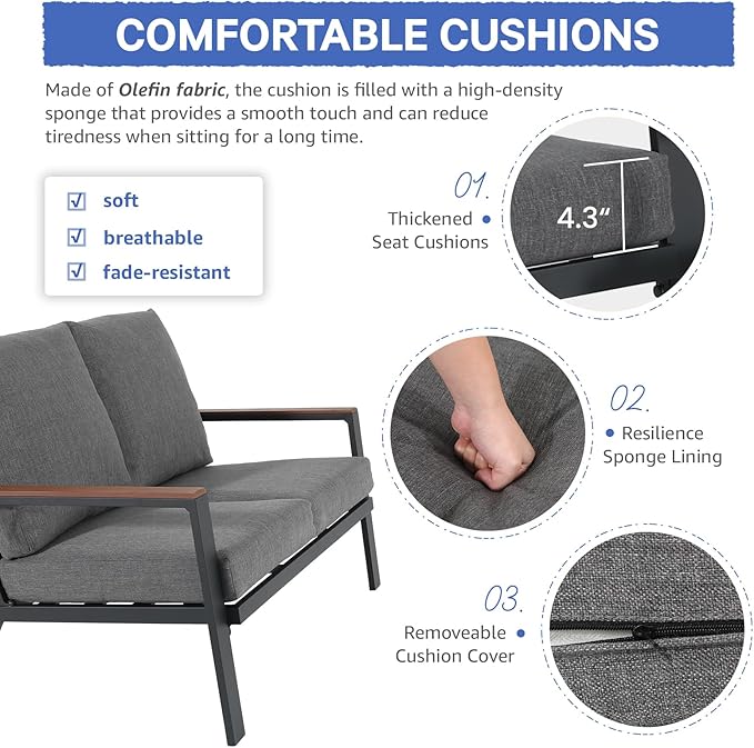 Soleil Jardin Aluminum Patio Furniture Loveseat, Outdoor 2 Seats Sofa Couch with FSC Certified Solid Wood Top, Outdoor Conversation Set Deep Seating Loveseat w/Removable Cushion, Dark Grey