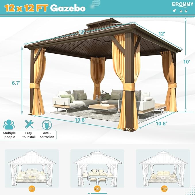 EROMMY 12'x12' Gazebo Hardtop, Galvanized Steel Double Roof Metal Gazebo with Aluminum Frame, Permanent Outdoor Pavilion with Curtain and Netting for Patio, Lawn and Garden, Brown