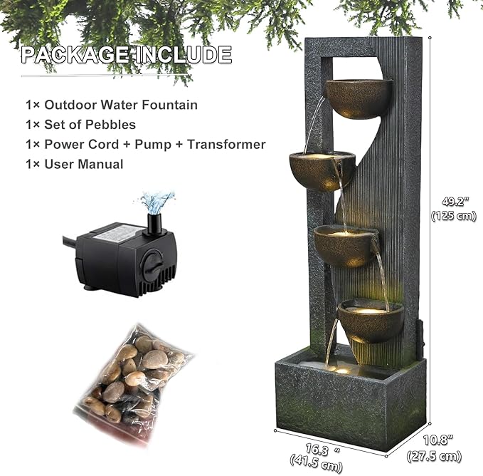 Outdoor-Water-Fountain Waterfalls Garden Fountain 5-Tier Outdoor Floor Standing Water Fountains with Natural Stones, LED Lights, Pump for Garden, Living Room, Patio, 49.2 Inches Tall