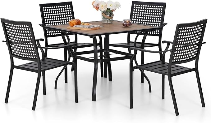 Sophia & William Patio Table and Chairs Set, Outdoor Dining Set for 4, 5 Piece Metal Patio Furniture, 37" Square Table with Wood-Like Tabletop(Beehive)