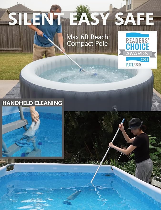 KOKIDO Rechargeable Handheld Hot Tub Spa Pool Vacuum, IPX8, Aluminum Pole and 2 Brush Heads, Ideal for Inflatable, Above Ground & Pools up to 20ft, 60-min Cordless Spot Cleaning Sand and Debris XV110