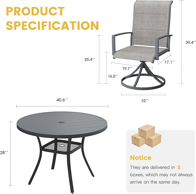 VICLLAX 5 Pieces Patio Dining Set - 41.2" Round Outdoor Table and Swivel Padded Chairs, Grey Tabletop and Grey Fabric