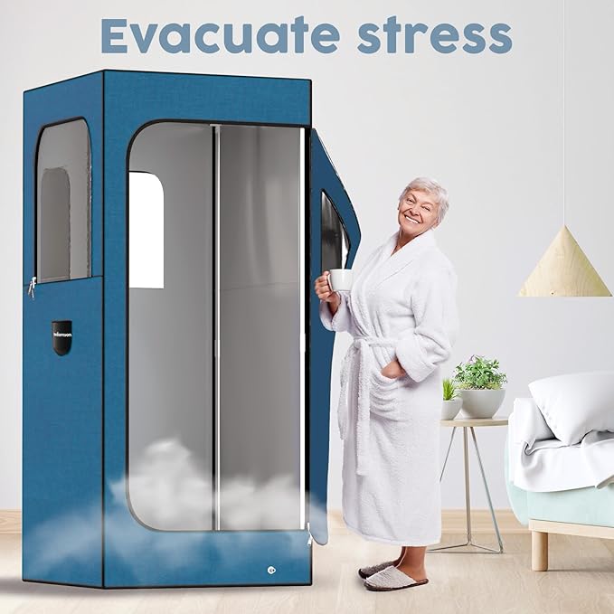 Adamson Full Size Portable Steam Sauna - Indoor Sauna Tent for Home Spa Relaxation - Boost Health and Recovery - 2.6L 1000W Steamer - Chair - Remote - Foot Massager - New - Nylon Blue