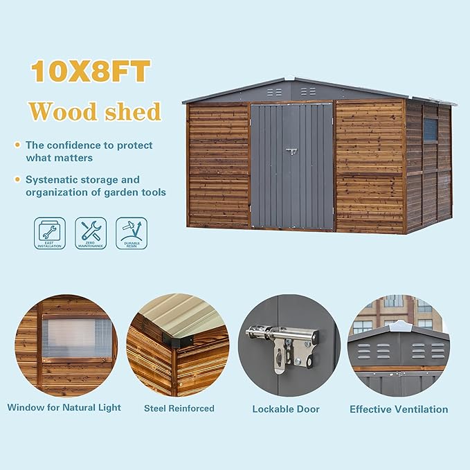 10x8 FT Wood Storage Shed, Outdoor Storage Shed with Lockable Door, Window & Vents, Waterproof Wooden Metal Tool Storage for Garden, Lawn, Backyard, Patio