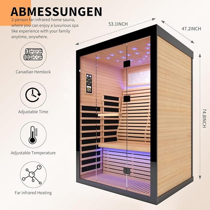 Sauna Infrared Far Infrared Sauna for Home 2 person Sauna with Hemlock Wood 2160W Dry Sauna for Home 2 Person Infrared Sauna Low EMF Indoor Sauna for Two Person in Home Sauna with Bluetooth Speakers