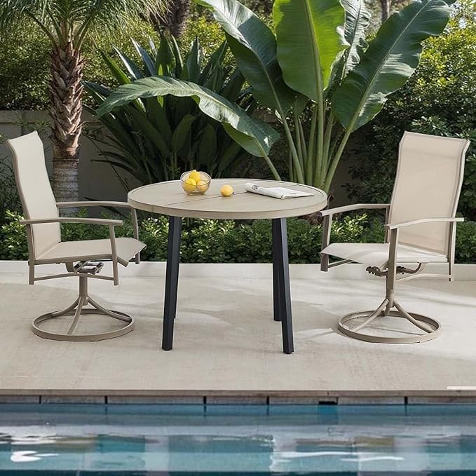 Patio Swivel Chairs Set of 2, Outdoor Swivel Chairs with Armrest, High Back Patio Chair with Metal Frame, All-Weather Outdoor Dining Chair for Deck, Porch and Lawn, Ivory Beige