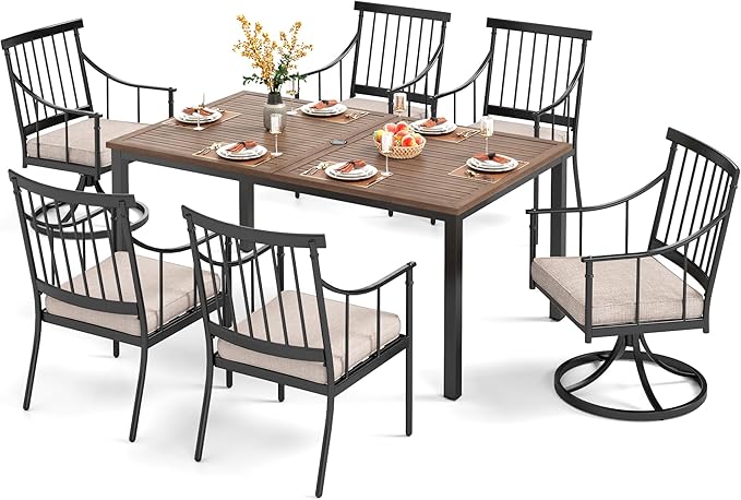 PHI VILLA 7 Pieces Outdoor Dining Set for 6, 65” Wood-Like Metal Rectangle Dining Table & Swivel Chairs with Cushions, Large Modern Dining Furniture Set for Patio, Deck, Porch, Backyard