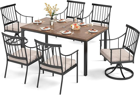 PHI VILLA 7 Pieces Outdoor Dining Set for 6, 65” Wood-Like Metal Rectangle Dining Table & Swivel Chairs with Cushions, Large Modern Dining Furniture Set for Patio, Deck, Porch, Backyard