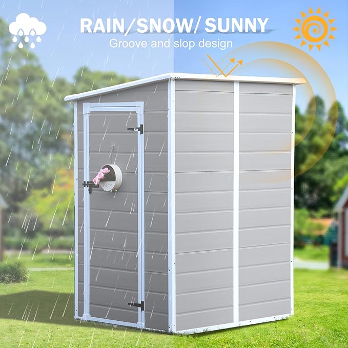 CDCASA 5x4 FT Resin Storage Shed, Waterproof Outdoor Shed with Floor & Window & Lockable Door Included, Outside Plastic Tool Sheds for Garden, Patio, Backyard, Lawn, Light Gray