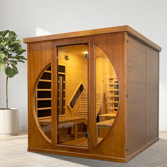Far Infrared Wooden Sauna Room, Luxurious Canadian Red Cedar Sauna with 2 Oversize Recliners, 220V, 3400 W, 9 Heating Element, Bluetooth Speakers, 7 Color Light, Oxygen Bar, Low EMF