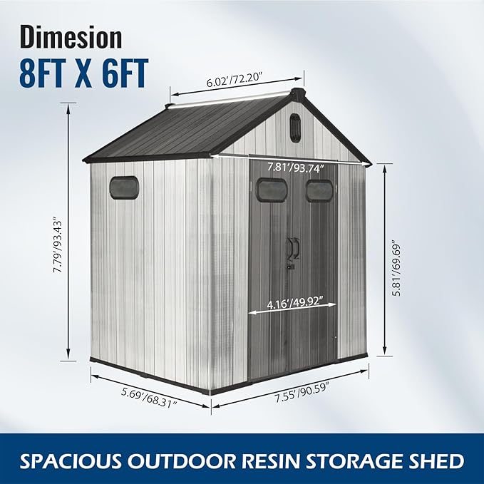 Domi 8×6ft Outdoor Resin Storage Shed - 292+ Cubic Ft Weatherproof Double-Wall Yard Shed with Skylight, Lockable Door and Carpet, Heavy-Duty Steel Frame Storage Building for Lawn Mower, Bike, Tools