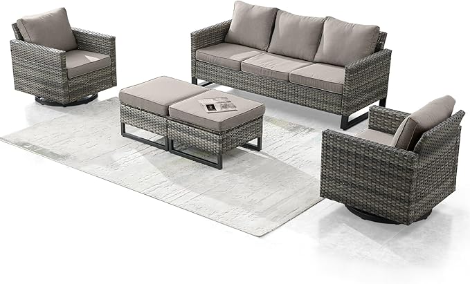 Rilyson Wicker Outdoor Patio Furniture Set - 5 Piece Patio Conversation Set with 2 Swivel Rocker Chairs,2 Rattan Ottoman and 1 Couch for Outside Porch Deck Backyard Garden(Mixed Grey/Grey)