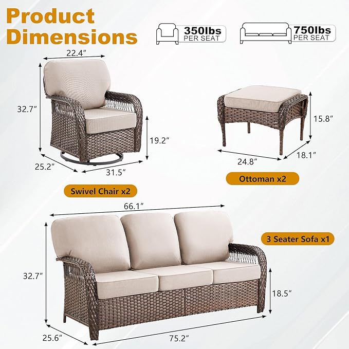 5 Pieces Patio Furniture Set Outdoor Sectional Sofa Couch with Rocking Swivel Chairs 5" Deep Seat Chairs, Modern Wicker Rattan Conversation Set, Beige/Brown Wicker