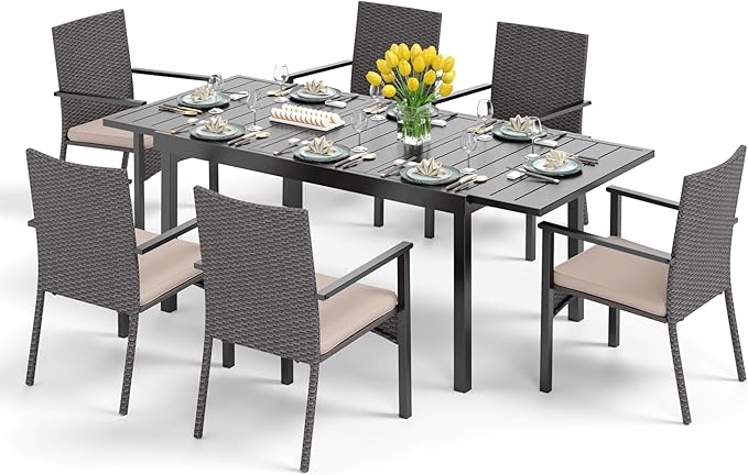 PHI VILLA 7 Piece Outdoor Dining Set for 6, Expandable Metal Dining Table & 6 Cushioned Rattan Chairs for Patio, Deck, Yard