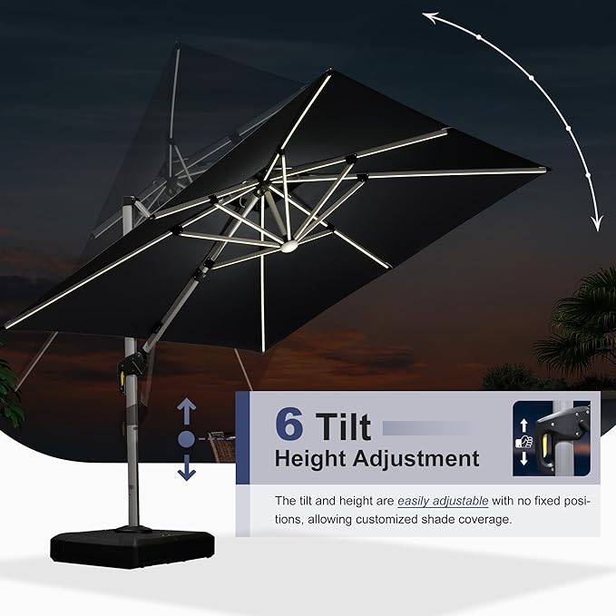 PURPLE LEAF 9 Feet Double Top Deluxe Solar Powered LED Square Patio Umbrella Offset Hanging Umbrella Outdoor Market Umbrella Garden Umbrella, Grey