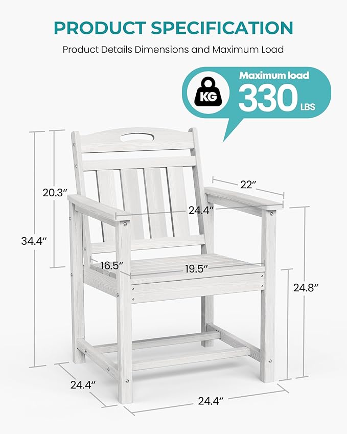 Set of 2 Weatherproof Patio Chairs - HDPE Outdoor Dining Chairs with Wide Seat, Ergonomic Design - for Garden, Backyard, Deck - White