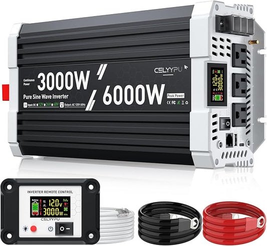3000 watt Pure sine Wave Inverter, 12V DC to 110V AC Power Inverter, Used for Solar Emergency Power Supply in RV Homes, with 3 AC Output sockets, USB Port, Type-C Port, Remote Control with LCD Screen