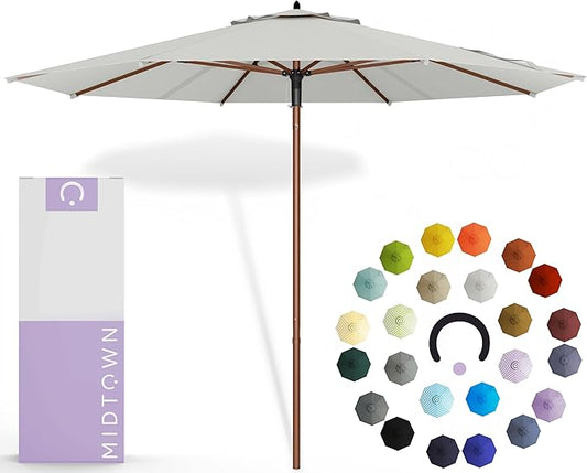 Midtown Umbrellas The Wooden 9 Feet Patio Umbrella With Terylast Off Cream (Off White) Polyester Fabric - Aluminum Frame Market Umbrella For Backyard, Deck, Garden, Pool - Wooden Pole