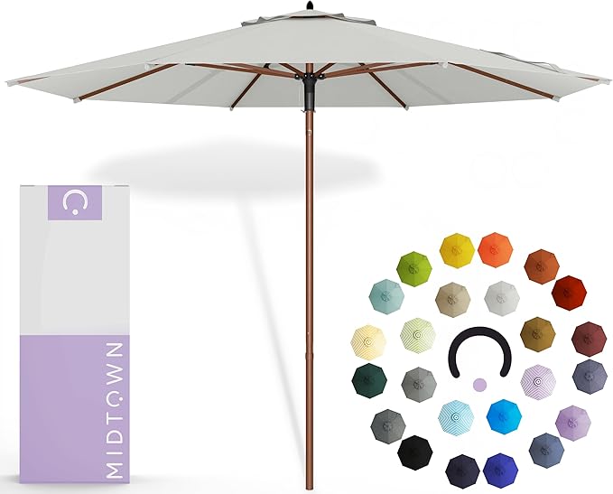 Midtown Umbrellas The Wooden 10 Feet Patio Umbrella With Terylast Off Cream (Off White) Polyester Fabric - Aluminum Frame Market Umbrella For Backyard, Deck, Garden, Pool - Wooden Pole