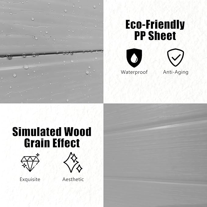 Outdoor Shed 5x3/6x4/7x7/8x6/8x10/8x12 FT, 15MM Thick PP Resin Plastic Shed with Lockable Door & Floor - Waterproof Plastic Tool Shed for Bike, Garbage Can, Backyard, Patio ﻿ ﻿ (Grey, 6x4FT)