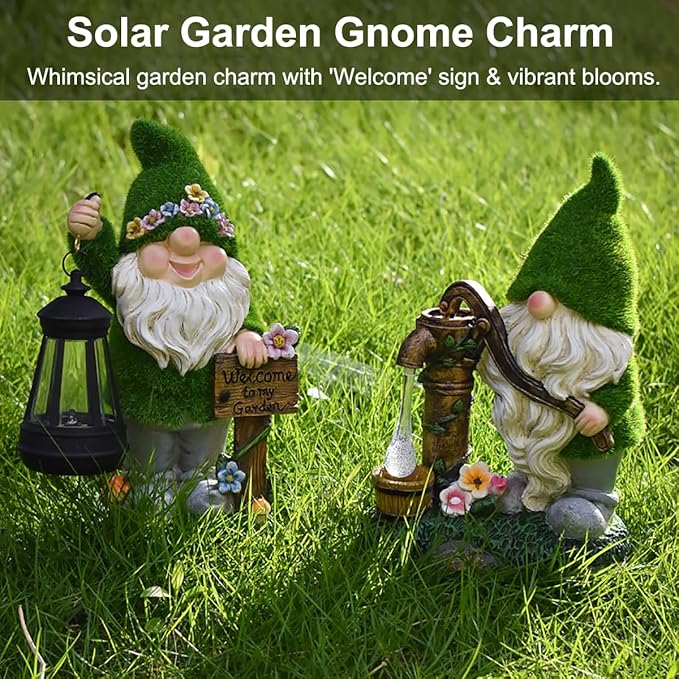 VINIUSIKI Solar Garden Gnome Statues with Water Pump Light, Easter Outdoor Decorations for Porch Patio, Lawn,Gifts for Women and Men, Decorative Resin Statue for Outdoor Patio Yard