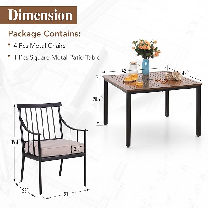 Sophia & William 5 Pcs Patio Furniture Outdoor Dining Set, Metal Patio Table and Chairs, Adjustable Umbrella Hole & Seat Cushion, Weather Resistant Patio Conversation Bistro Set for Yard Deck