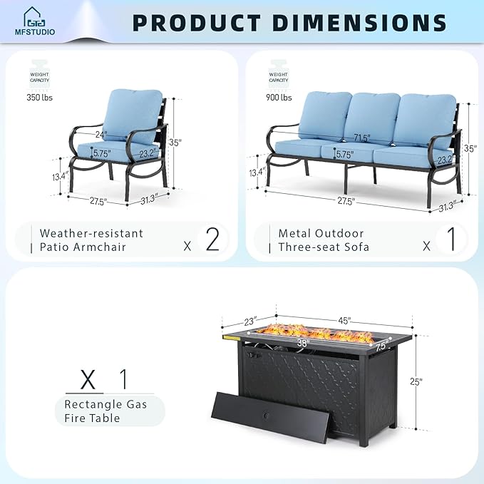 MFSTUDIO 4 Pieces Patio Conversation Sets, All Weather Metal Frame Outdoor Furniture Set Patio Sofas with 1 x 45 Rectangular Propane Fire Table, 1 x 3-Seat Sofa, 2 x Sofa Chairs, Blue Cushion