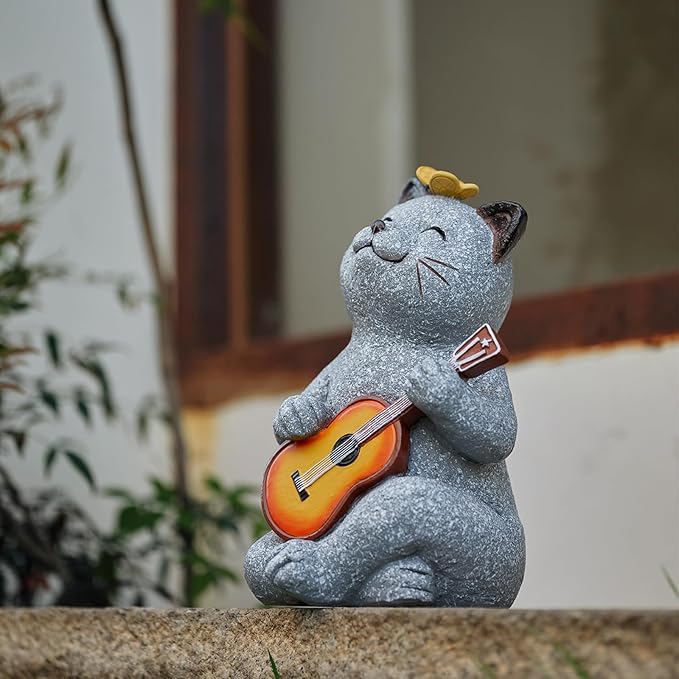 Cat Garden Statue Outdoor Decor, Cat Sculpture with Guitar and Butterfly for Yard Lawn Patio Balcony, Christmas Birthday Housewarming Gifts for Mom, Grandma, Women, 8.8 inch, Resin