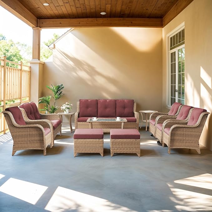 Outdoor Furniture Set: 11 PCS Patio Furniture Set with Outdoor Swivel Rocker Patio Chairs, Yellow/Red