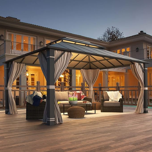 YOLENY 12' x 16' Hardtop Gazebo, Permanent Outdoor Aluminum Patio Gazebo with Aluminum Composite Double Roof for Patio Lawn and Garden, Curtains and Netting Included